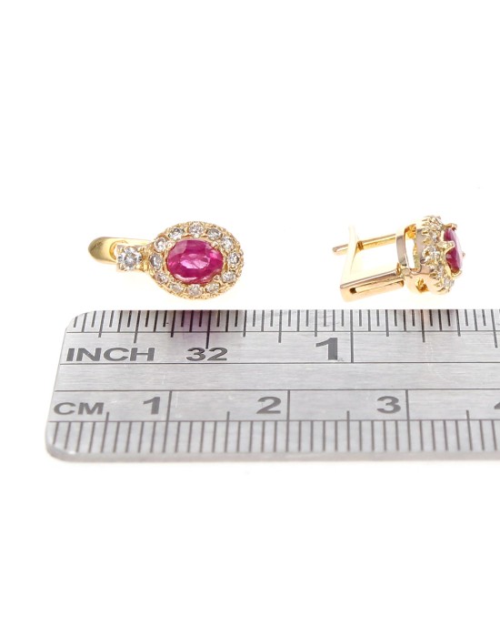 Ruby and Diamond Halo Earrings in Yellow Gold